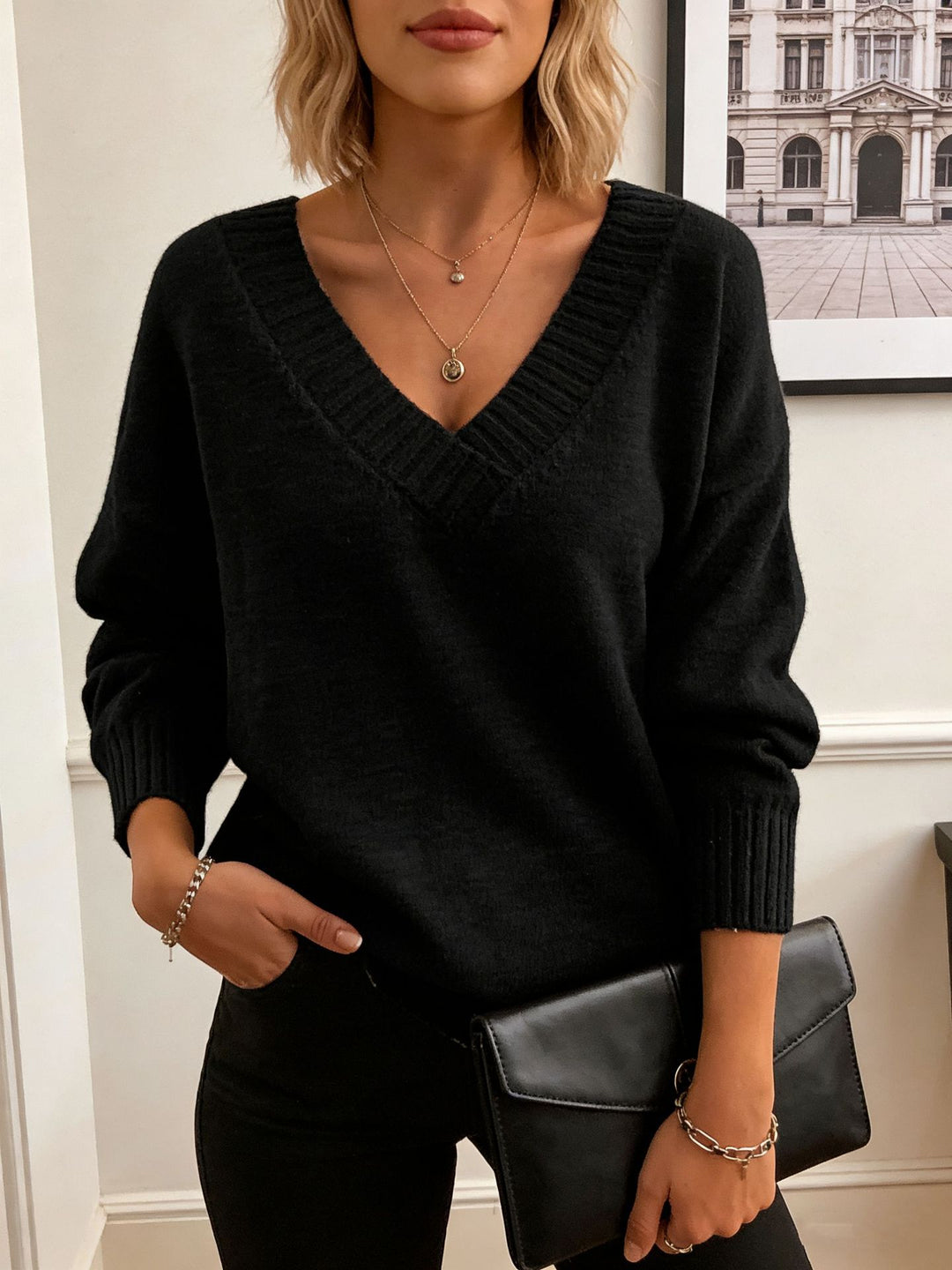 Damen Feinstrickpullover mit tiefem V-Ausschnitt und überschnittener Schulter Drune