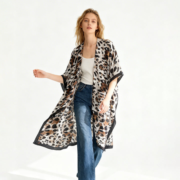Damen Viskoseleichter Kimono-Überwurf im Oversize-Schnitt mit Leopardenjacquard Drune