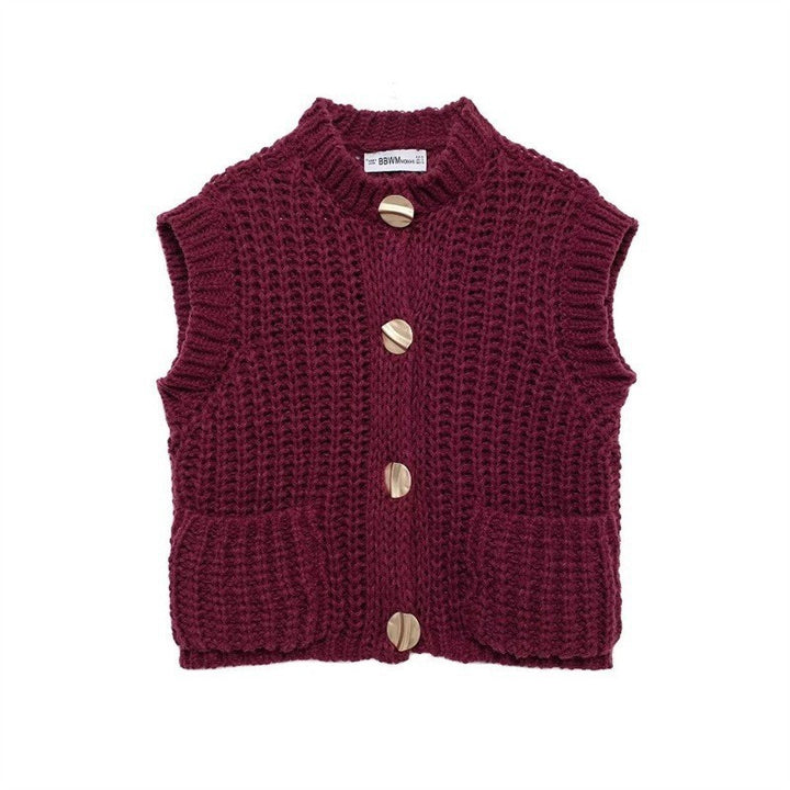 Damen grobgestrickte Woll-Boxy-Weste mit Zierknöpfen und Eingrifftaschen Drune