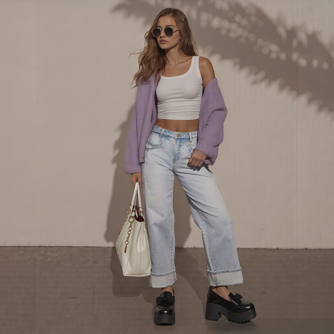 Damen Hochtaillierte weite Jeans mit extra breitem Umschlag Drune