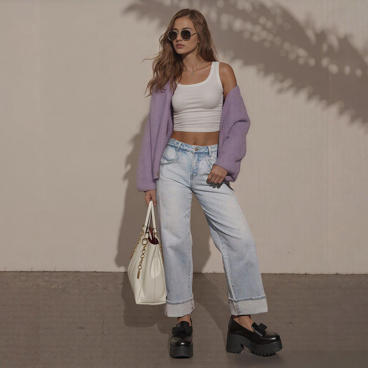 Damen Hochtaillierte weite Jeans mit extra breitem Umschlag Drune