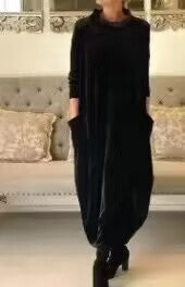 Damen Elegantes Samt Maxi Kleid mit Hohem Rollkragen, Seitentaschen und Lockere Silhouette Drune