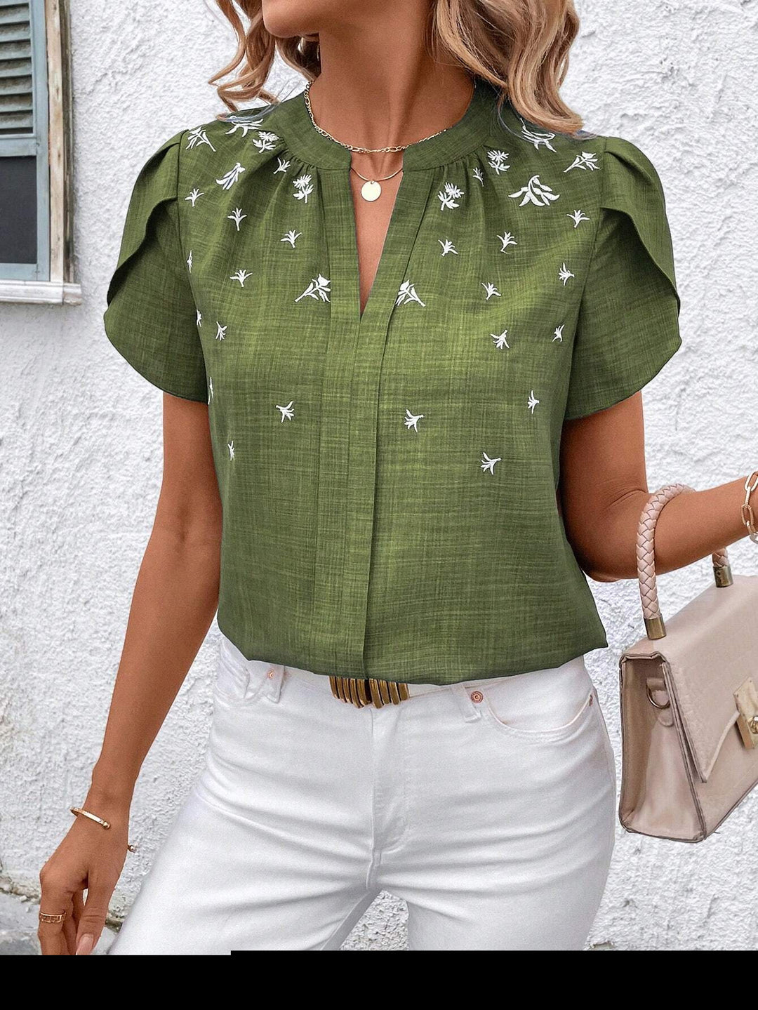 Damen Kurzbluse aus Leinenoptik mit Stehkragen, Zierfalte und floraler Stickerei Drune