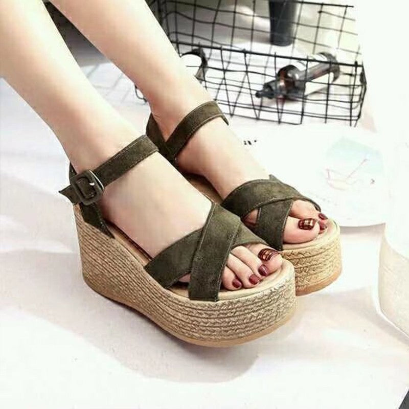 Damen Plateau-Sandalen mit modischen Kreuzriemen und stabilem Korkabsatz Drune