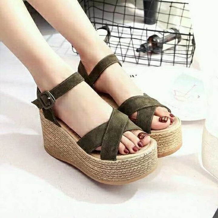 Damen Plateau-Sandalen mit modischen Kreuzriemen und stabilem Korkabsatz Drune
