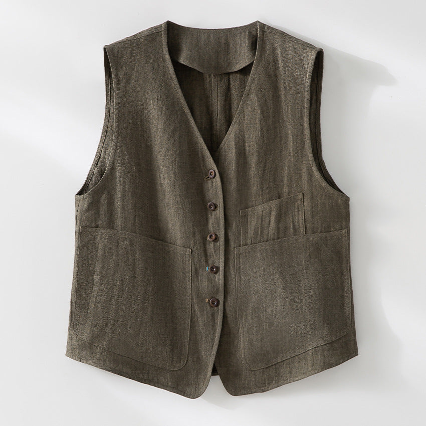 Damen Leinenweste mit V‑Ausschnitt, aufgesetzten Taschen und entspannter Passform Drune