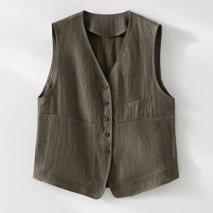 Damen Leinenweste mit V‑Ausschnitt, aufgesetzten Taschen und entspannter Passform Drune