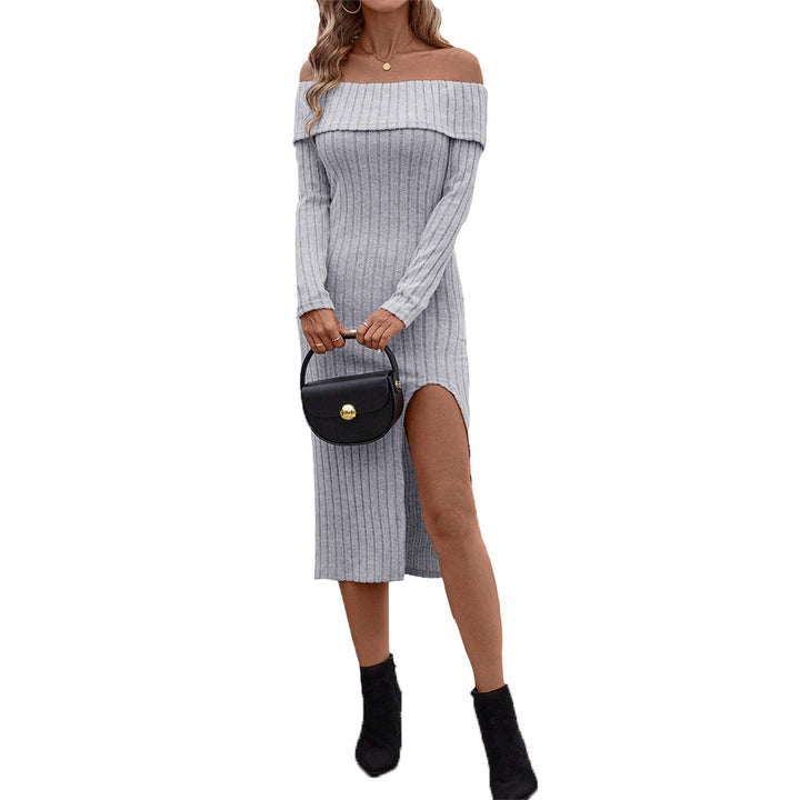 Damen figurschmeichelndes Rippstrick Midikleid mit Carmen-Ausschnitt, hohem Seitenschlitz und langem Ärmel Drune