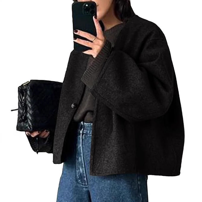 Damen Kurz geschnittene Oversize Wolljacke mit kastigem Schnitt und Ein-Knopf-Verschluss Drune