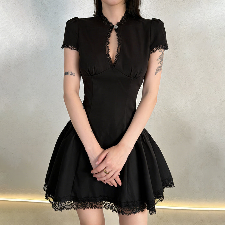 Damen verspieltes Puffärmel-Kleid mit Spitzenbesatz Drune