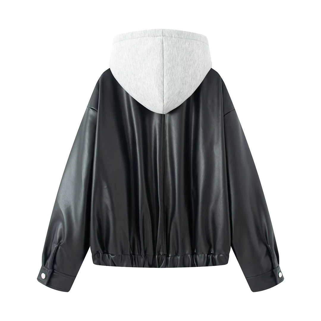 Damen nan oversized Kunstleder‑Bomberjacke mit integrierter Sweat‑Kapuze, durchgehendem Metallreißverschluss und Pattentaschen Drune