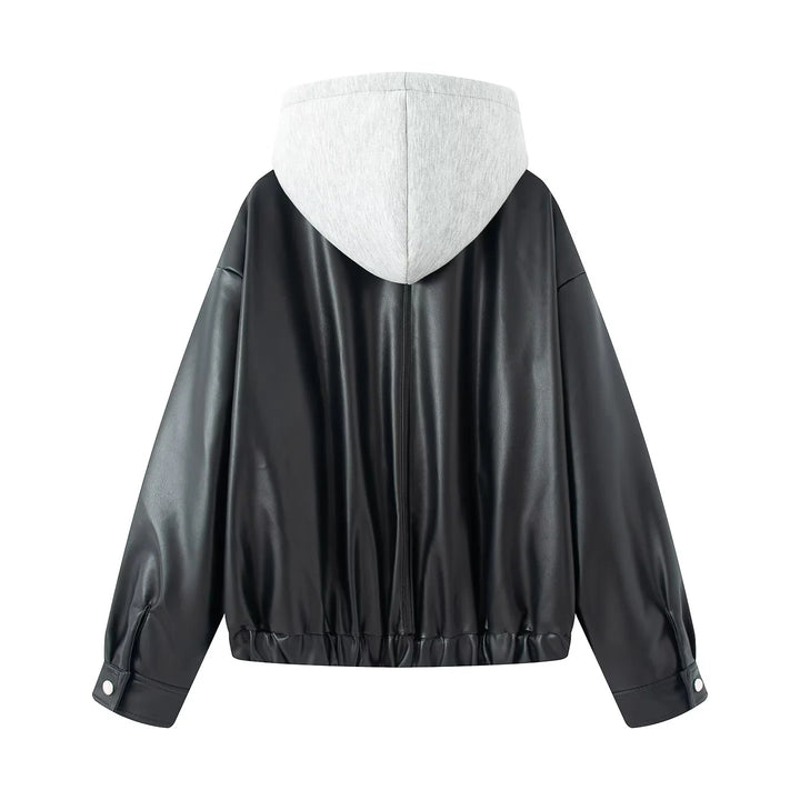 Damen nan oversized Kunstleder‑Bomberjacke mit integrierter Sweat‑Kapuze, durchgehendem Metallreißverschluss und Pattentaschen Drune