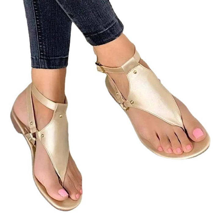 Damen T‑Riemen Sandalen mit Knöchelriemen, Veloursoptik und flacher Komfortsohle Drune