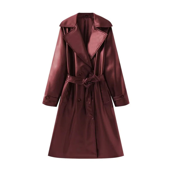 Damen nan lang geschnittener Trenchcoat aus veganem Lederimitat mit weitem Schalkragen und Bindegürtel Drune