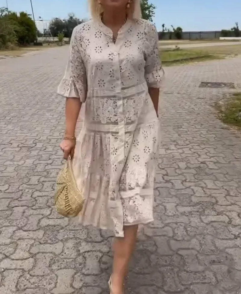 Damen nan Hemdblusen-Midikleid mit Spitzen-Einsätzen, Stufenrock und durchgehender Knopfleiste Drune