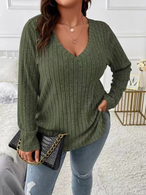 Damen Langarm V-Ausschnitt Shirt mit feiner Rippstruktur Drune