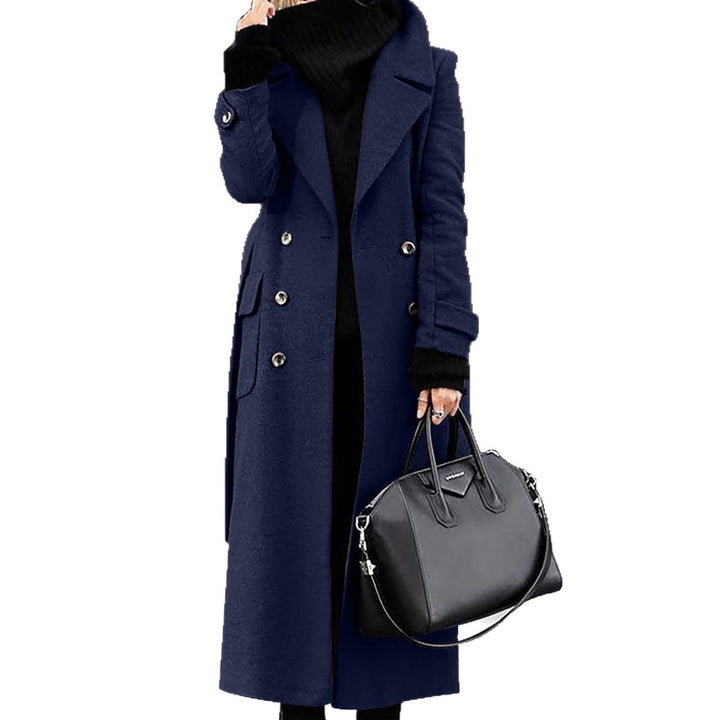 Damen Doppelreihiger Wollmix-Maximantel mit breitem Revers und Pattentaschen Drune