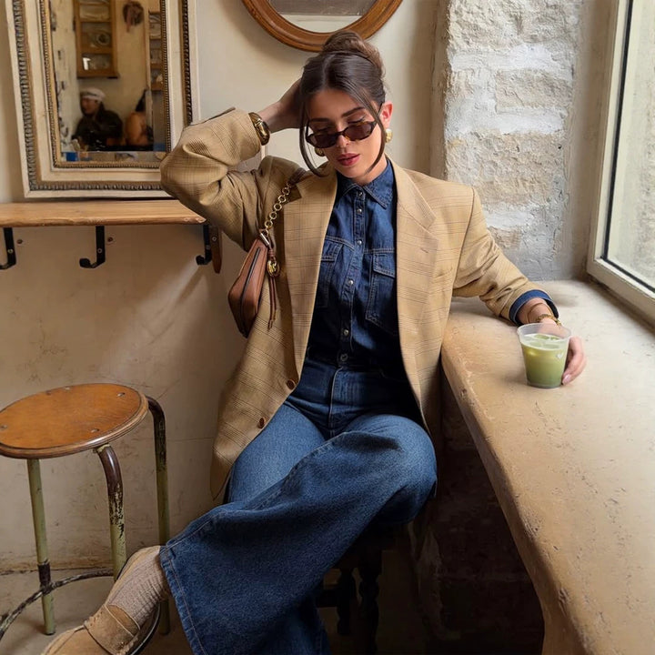 Damen Oversize Glencheck-Blazer im kastigen Boxy‑Schnitt mit markanter Schulterpartie Drune