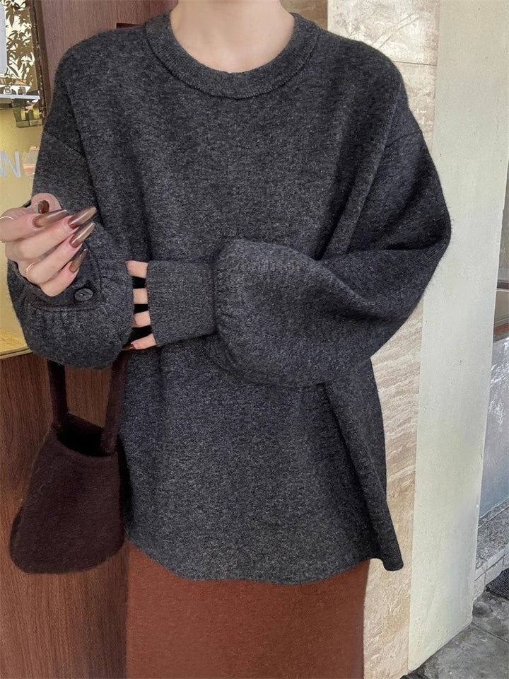 Damen Oversize-Feinstrickpullover mit Ballonärmeln und Knopfmanschette Drune