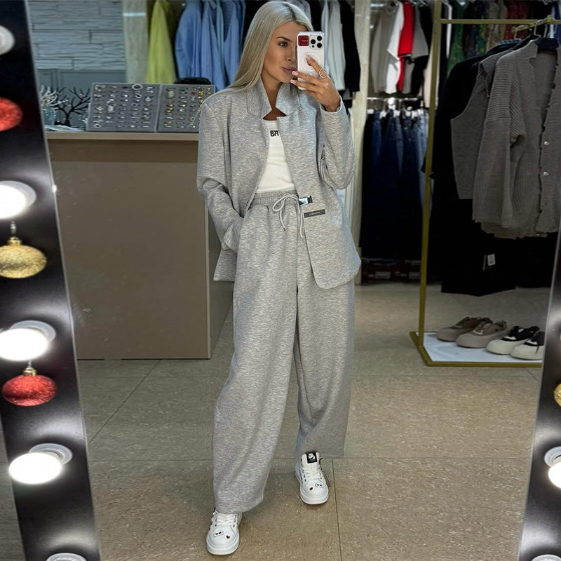 Damen lässige Sweater-Blazer-Kombination mit weit geschnittenen Hosen Drune