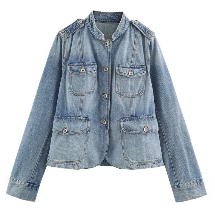 Damen Jeansjacke im Utility-Look mit Stehkragen, Pattentaschen und Schulterpatten Drune