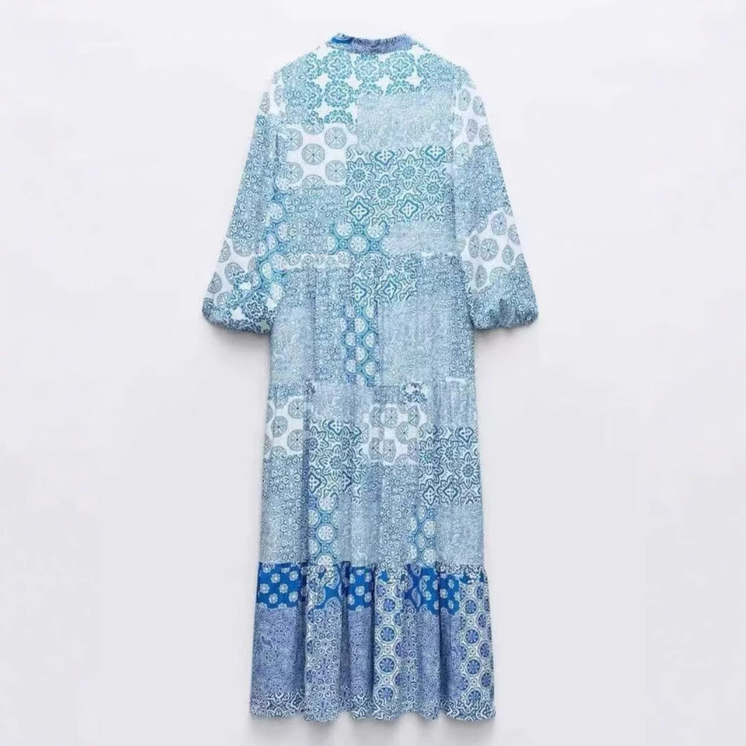Damen Maxi‑Kleid im Patchwork‑Print mit V‑Ausschnitt, Stufenrock und 3/4‑Ärmeln Drune