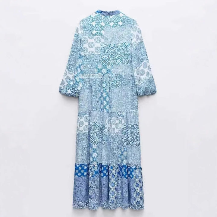 Damen Maxi‑Kleid im Patchwork‑Print mit V‑Ausschnitt, Stufenrock und 3/4‑Ärmeln Drune