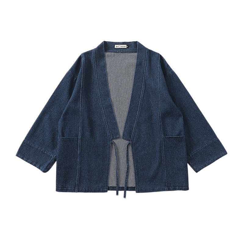Unisex Jeans-Kimono-Jacke mit Bindegürtel und aufgesetzten Taschen Drune