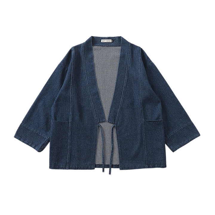 Unisex Jeans-Kimono-Jacke mit Bindegürtel und aufgesetzten Taschen Drune