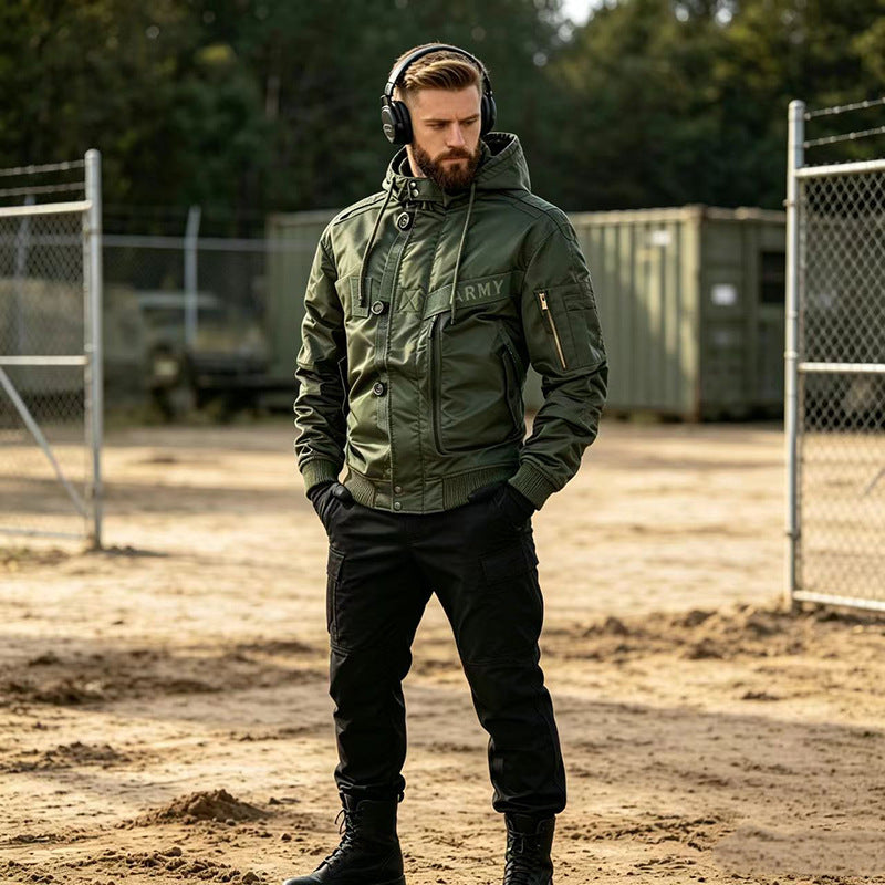Herren Militärinspirierte Kapuzen-Bomberjacke mit Utility-Taschen Drune