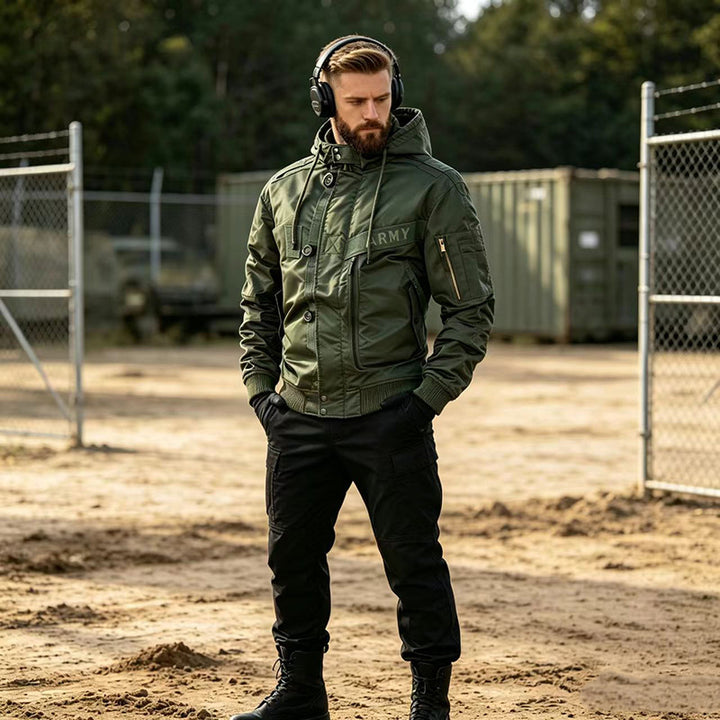 Herren Militärinspirierte Kapuzen-Bomberjacke mit Utility-Taschen Drune