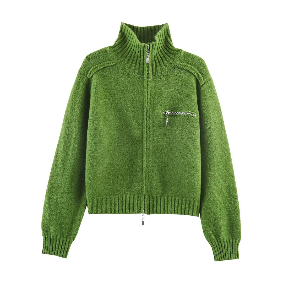 Damen Grobgestrickte Reißverschluss‑Strickjacke mit hohem Rippkragen und Brusttasche Drune