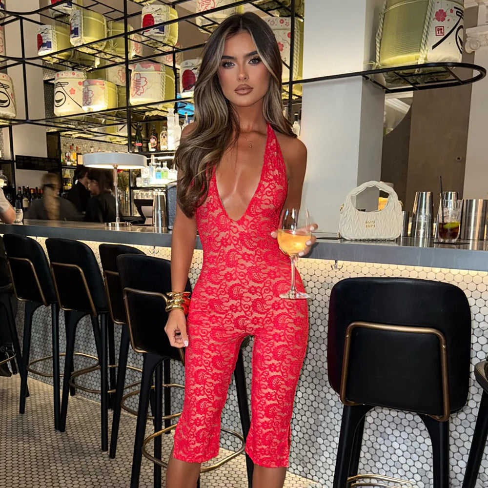 Damen Eleganter Spitzen-Jumpsuit mit tiefem V-Ausschnitt und seitlichen Schlitzen Drune