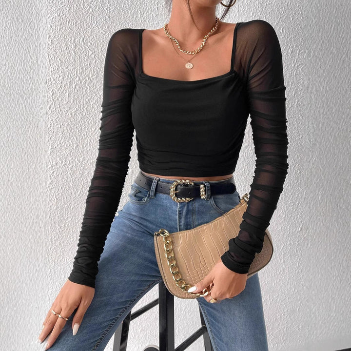 Damen Cropped Oberteil mit transparenten Ärmeln Drune
