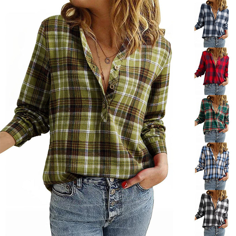 Damen Karo-Bluse im Oversize-Look mit V-Ausschnitt Knopfleiste und gerundetem Saum Drune