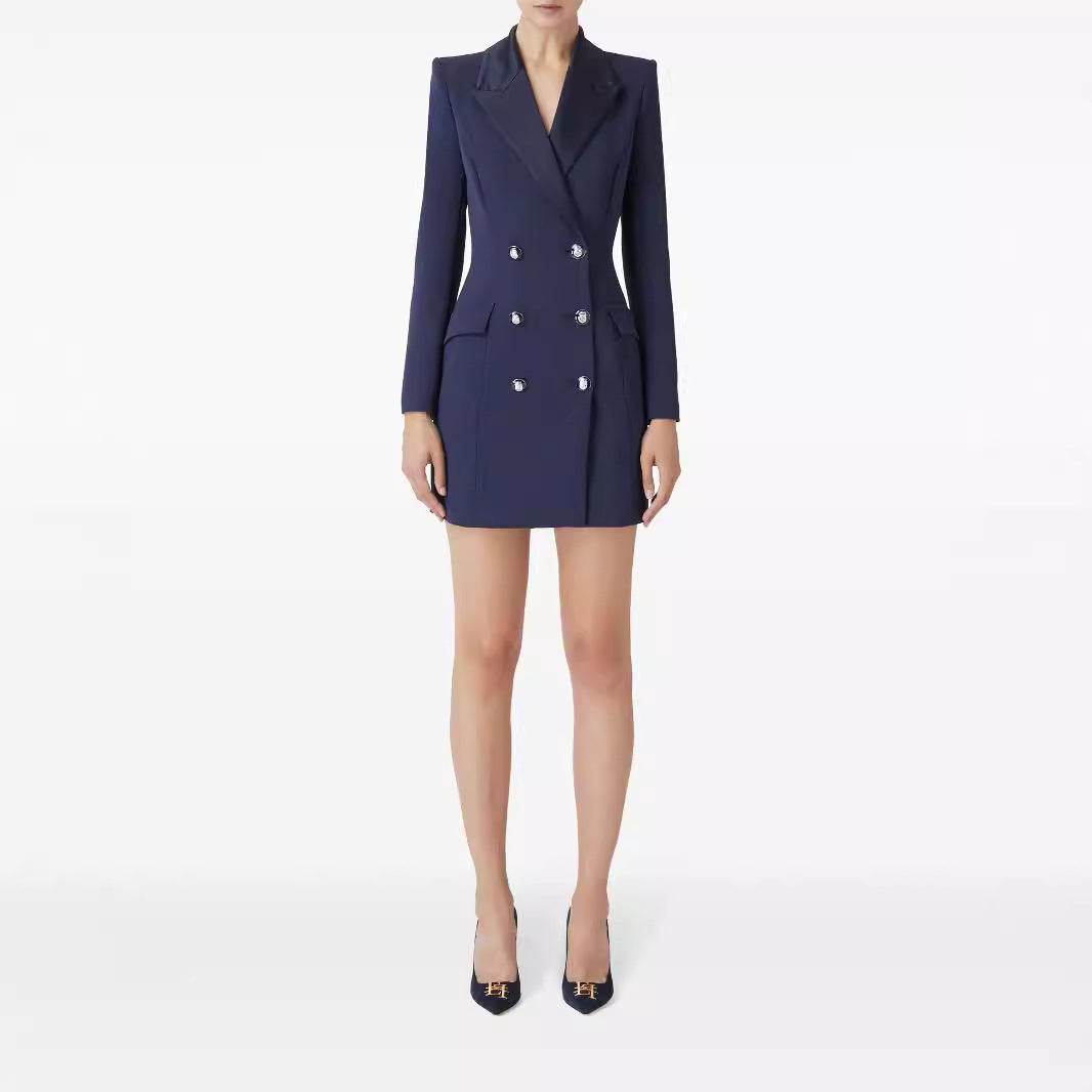 Damen Tailliertes Doppelreihiges Blazerkleid-Minikleid mit strukturierter Schulter Drune