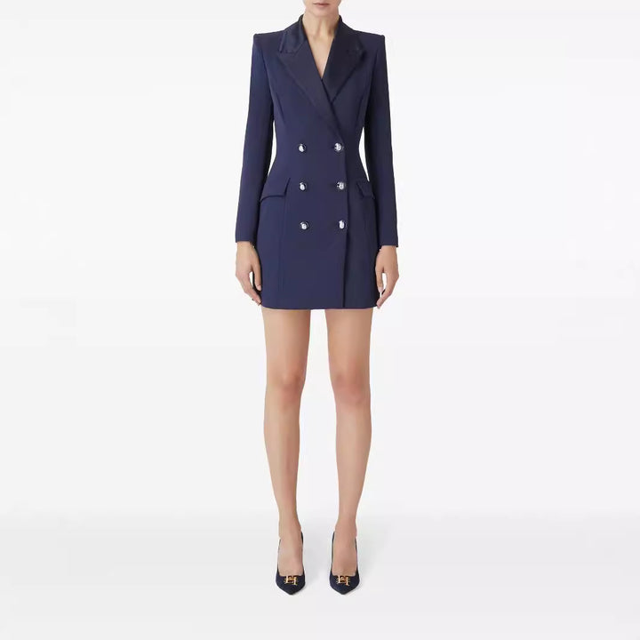 Damen Tailliertes Doppelreihiges Blazerkleid-Minikleid mit strukturierter Schulter Drune