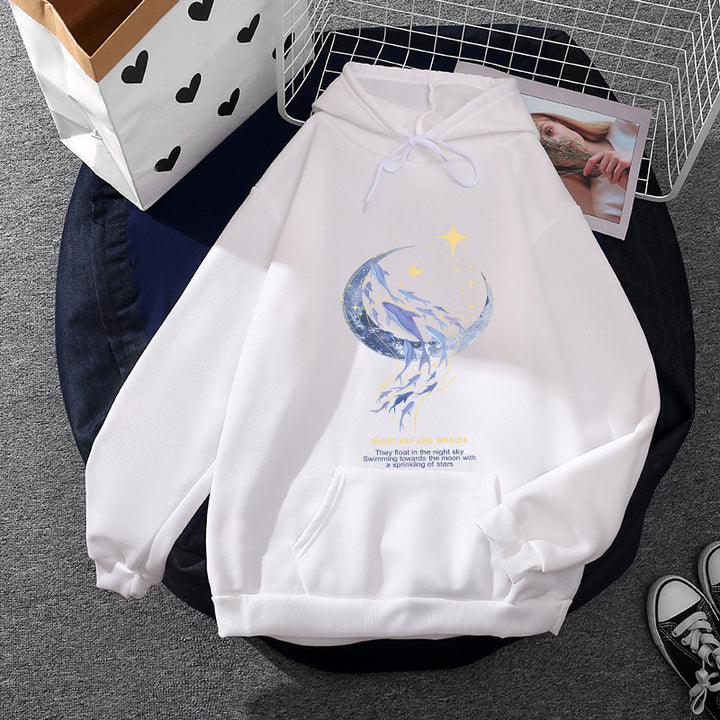 Damen nan Kapuzenpullover mit Mond‑und‑Wal-Illustration, Oversize-Schnitt und Kängurutasche Drune