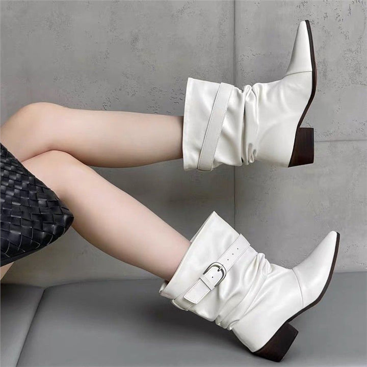 Damen Mid‑Calf Slouch Westernstiefel mit spitzer Zehenpartie, gerafftem Schaft und Zierschnalle Drune