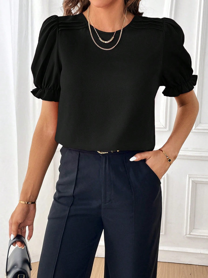 Damen Elegante Chiffonbluse mit Puffärmeln und dekorativen Schulterfalten Drune