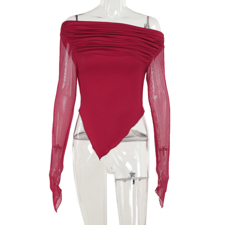 Damen elegantes Wickelshirt mit schulterfreiem Design und transparenten Ärmeln Drune