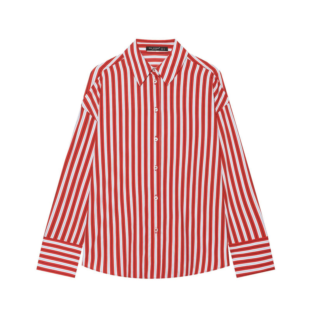 Damen Oversize-gestreifte Hemdbluse mit Kentkragen und durchgehender Knopfleiste Drune