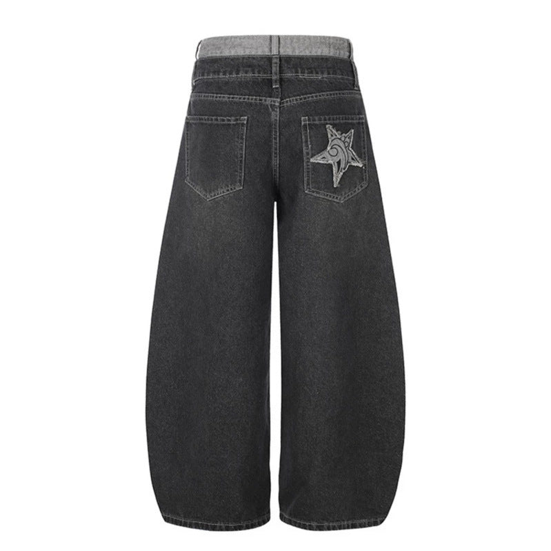 Damen High-Waist Weite Denim-Culotte mit Stern-Applikationen und Fransen-Detail Drune