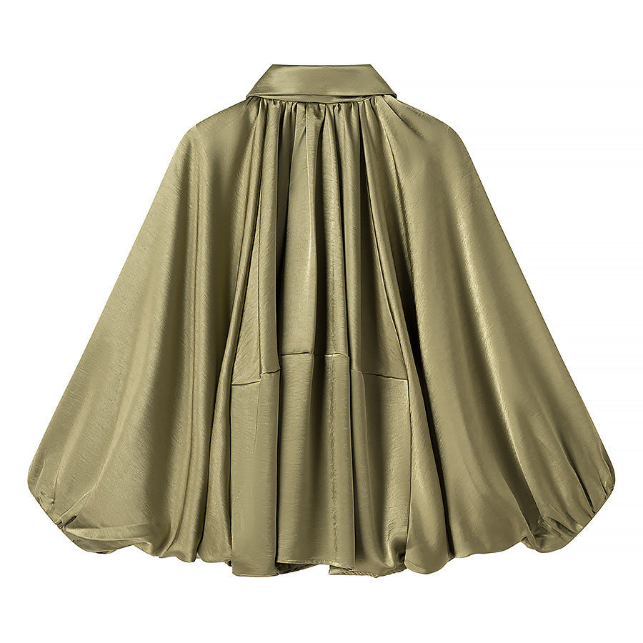 Damen nan weite Satin-Cape-Bluse mit Hemdkragen, zentralem Reißverschluss und ballonärmeln Drune