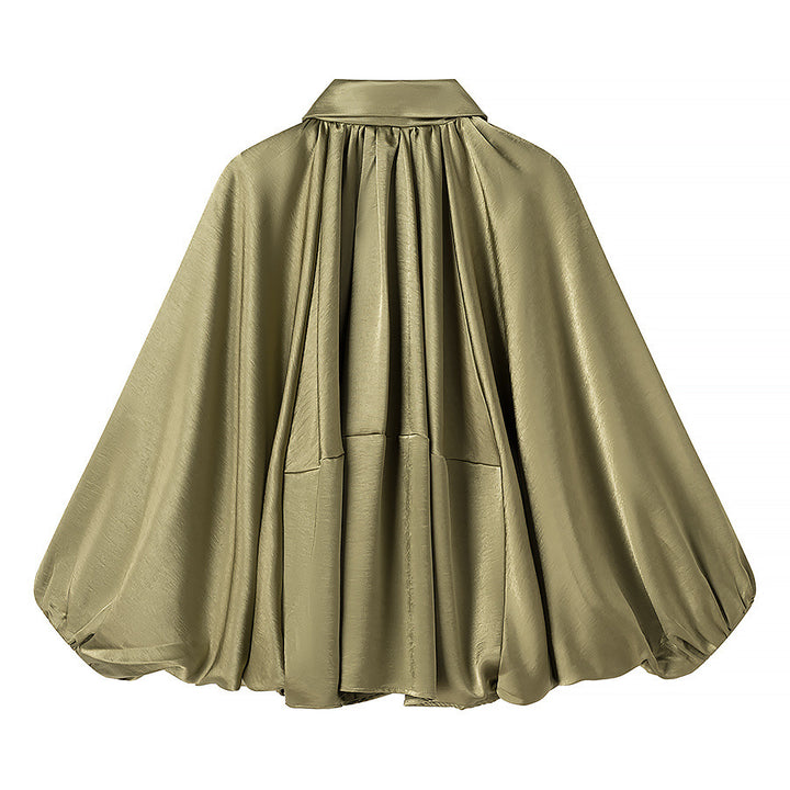 Damen nan weite Satin-Cape-Bluse mit Hemdkragen, zentralem Reißverschluss und ballonärmeln Drune