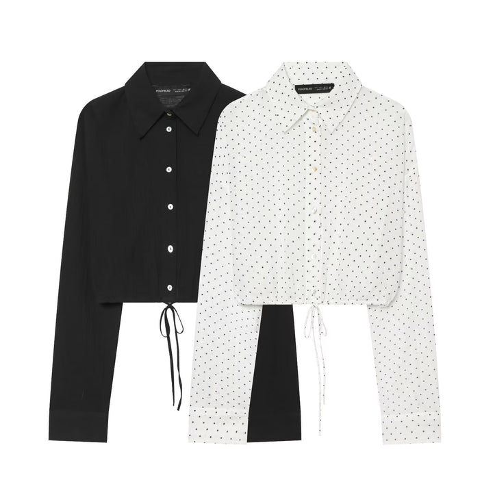 Damen Gepunktete Cropped-Bluse mit Kordelzug und Hemdkragen Drune