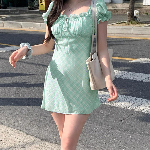 Damen figurbetontes Minikleid mit Puffärmeln und Karomuster Drune