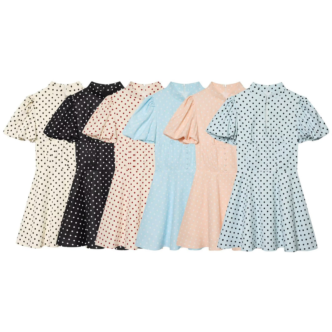 Damen Gepunktetes A‑Linien‑Kleid mit Stehkragen, Taillierung und Ballonärmeln Drune
