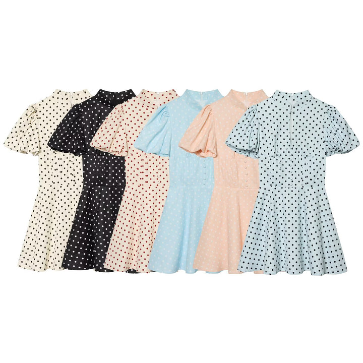 Damen Gepunktetes A‑Linien‑Kleid mit Stehkragen, Taillierung und Ballonärmeln Drune