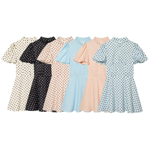 Damen Gepunktetes A‑Linien‑Kleid mit Stehkragen, Taillierung und Ballonärmeln Drune